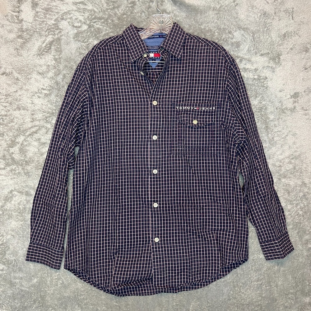 Vtg Tommy Jean Men‎ Preppy Casual Plaid Embroidered Logo Spellout Button Shirt S
